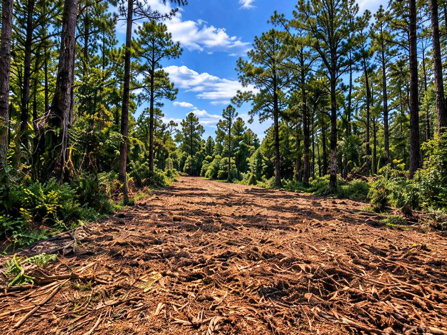 Illustration of a cleared path beneath retained pine trees